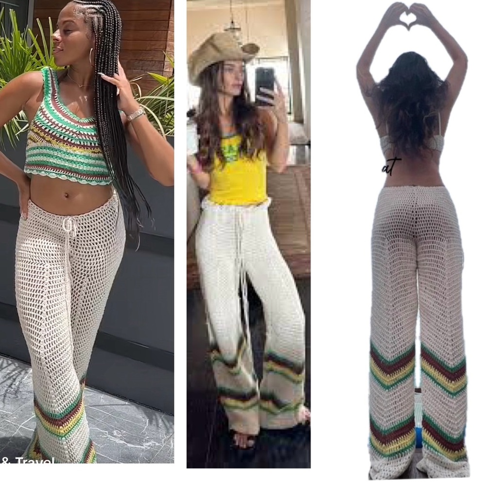 Zara crochet knit Rasta pants drawstring beach coverup Sz M NWOT summer vacation - Picture 7 of 14